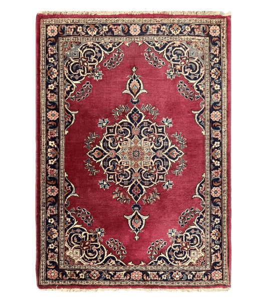 Small Persian Kashan Rug 2x3, Red and Navy Blue, Handmade Vintage Wool Semi Antique Persian Carpet, Semi Open Field