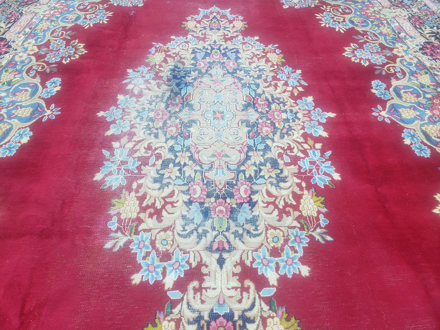 Antique Persian Kirman Rug 10x17 Oriental Carpet 10 x 17, Red, Multicolor, Namazian Signature Master Weaver, Shabby Chic, Semi Open Field - Nuvé