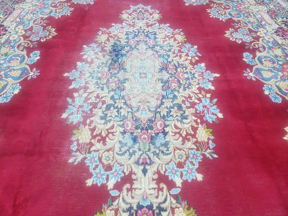 Antique Persian Kirman Rug 10x17 Oriental Carpet 10 x 17, Red, Multicolor, Namazian Signature Master Weaver, Shabby Chic, Semi Open Field - Nuvé
