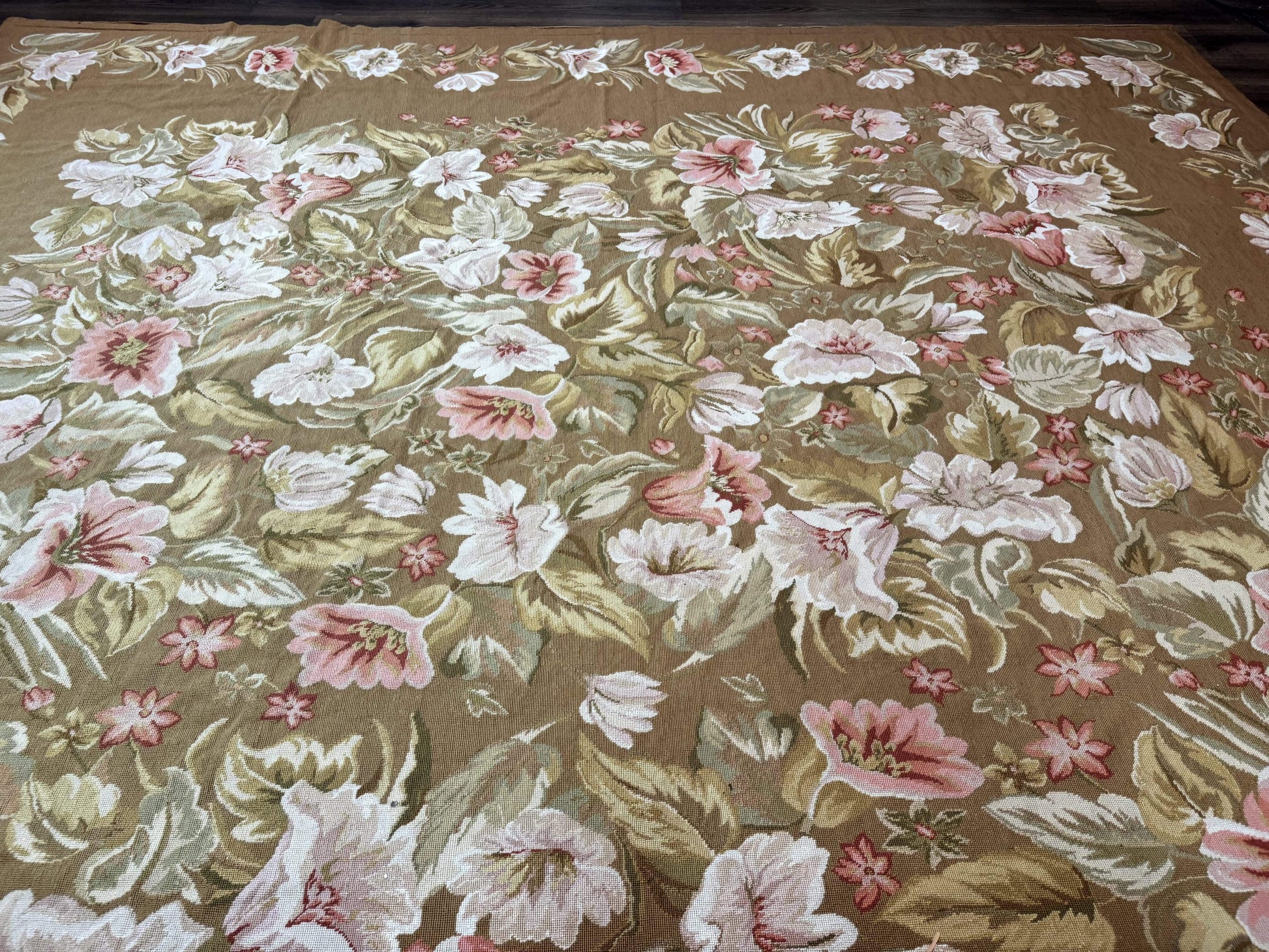 Large Needlepoint Rug 11x14, Vintage Floral Wool Carpet, Caramel - Nuvé