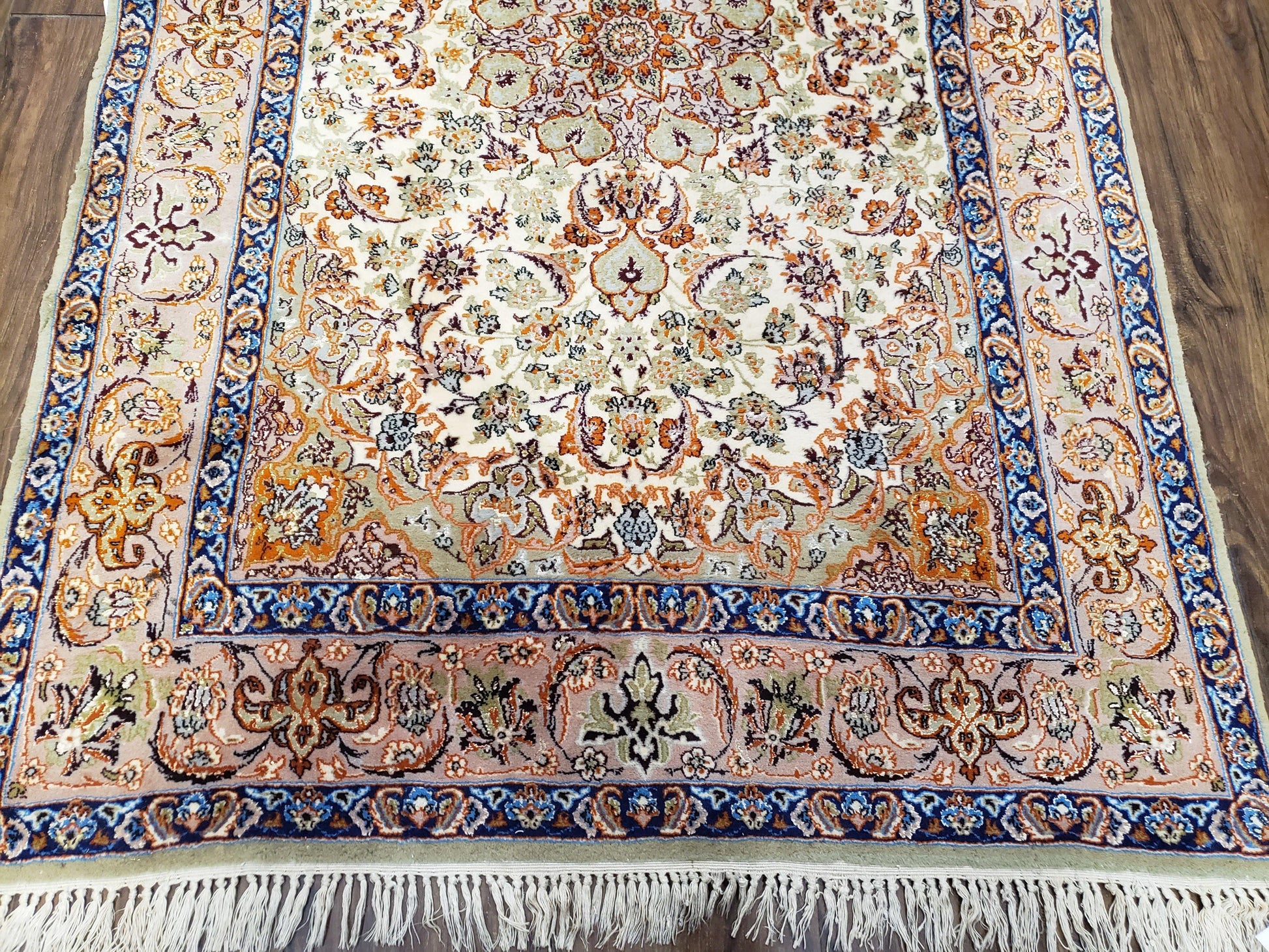 Vintage Persian Isfahan Lachak Toranj Rug, Highly Detailed, Kork Wool on Silk Foundation, Beige and Dark Blue, Hand-Knotted, 3'6" x 5' 4" - Nuvé