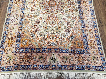 Vintage Persian Isfahan Lachak Toranj Rug, Highly Detailed, Kork Wool on Silk Foundation, Beige and Dark Blue, Hand-Knotted, 3'6" x 5' 4" - Nuvé