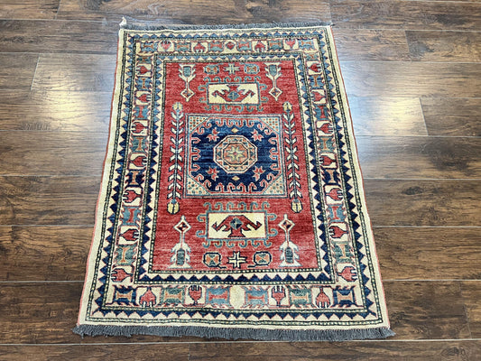Turkish Kazak Rug 3x4, Wool Hand Knotted Small Vintage Carpet, Red Navy Blue, 3 x 4 Oriental Rug, Geometric Design - Nuvé