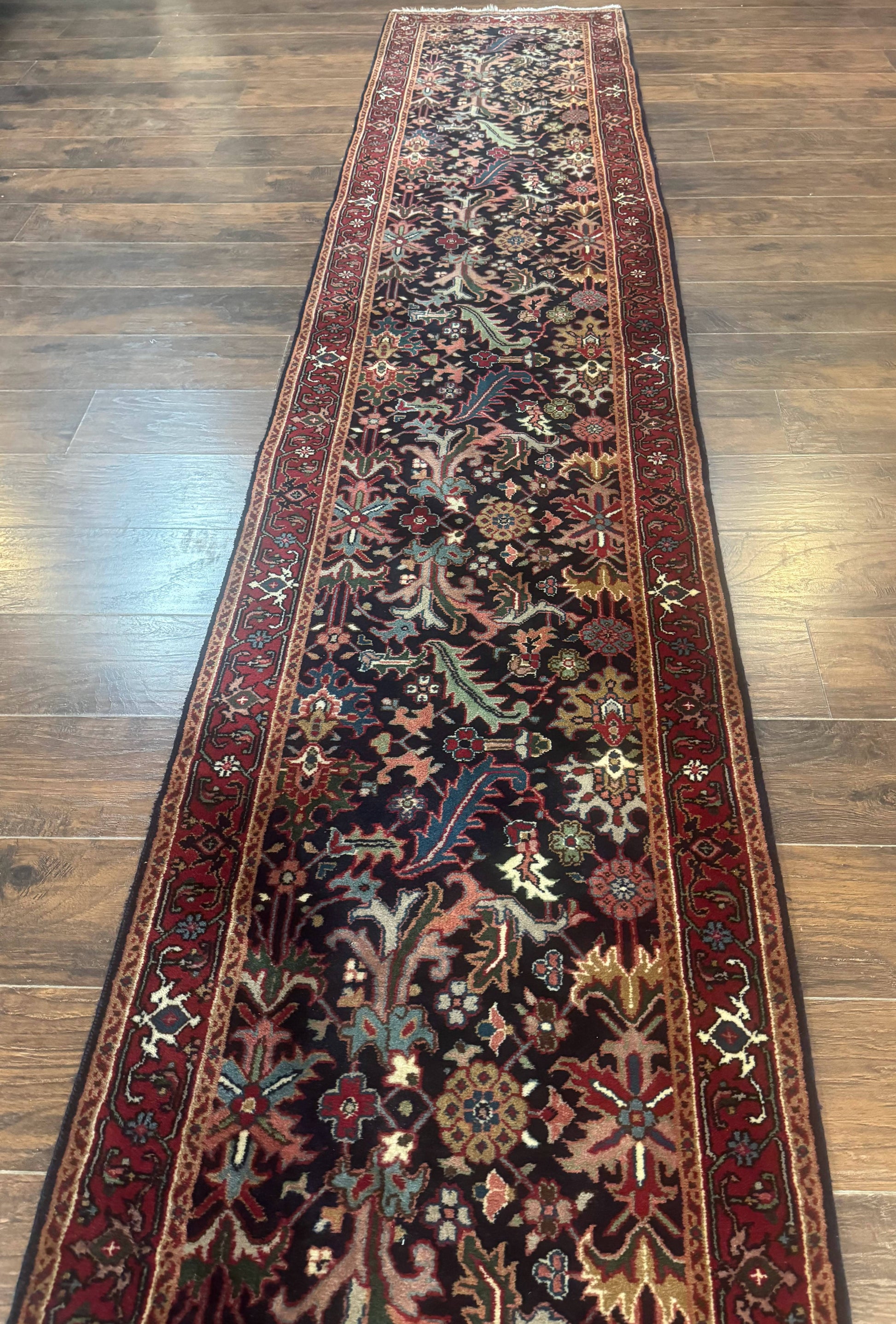 Indo Persian Runner Rug 2.7 x 13, Navy Blue and Red, Allover Floral, Wool, 13ft Runner - Nuvé