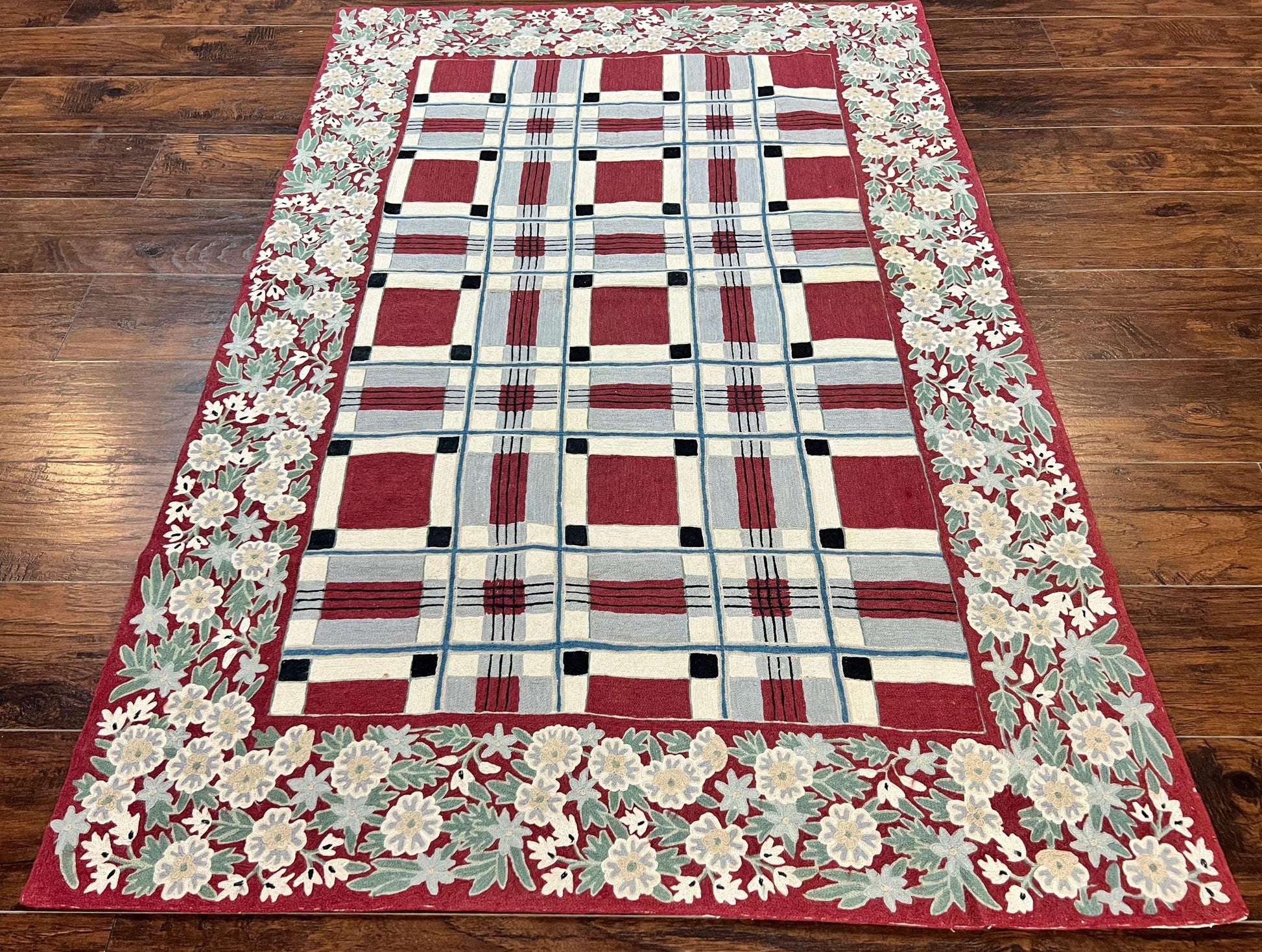 Indian Hand Stitched Rug 4x6, Vintage Carpet, Checkerboard Floral Pattern, Maroon Ivory, Flatweave, Wool - Nuvé