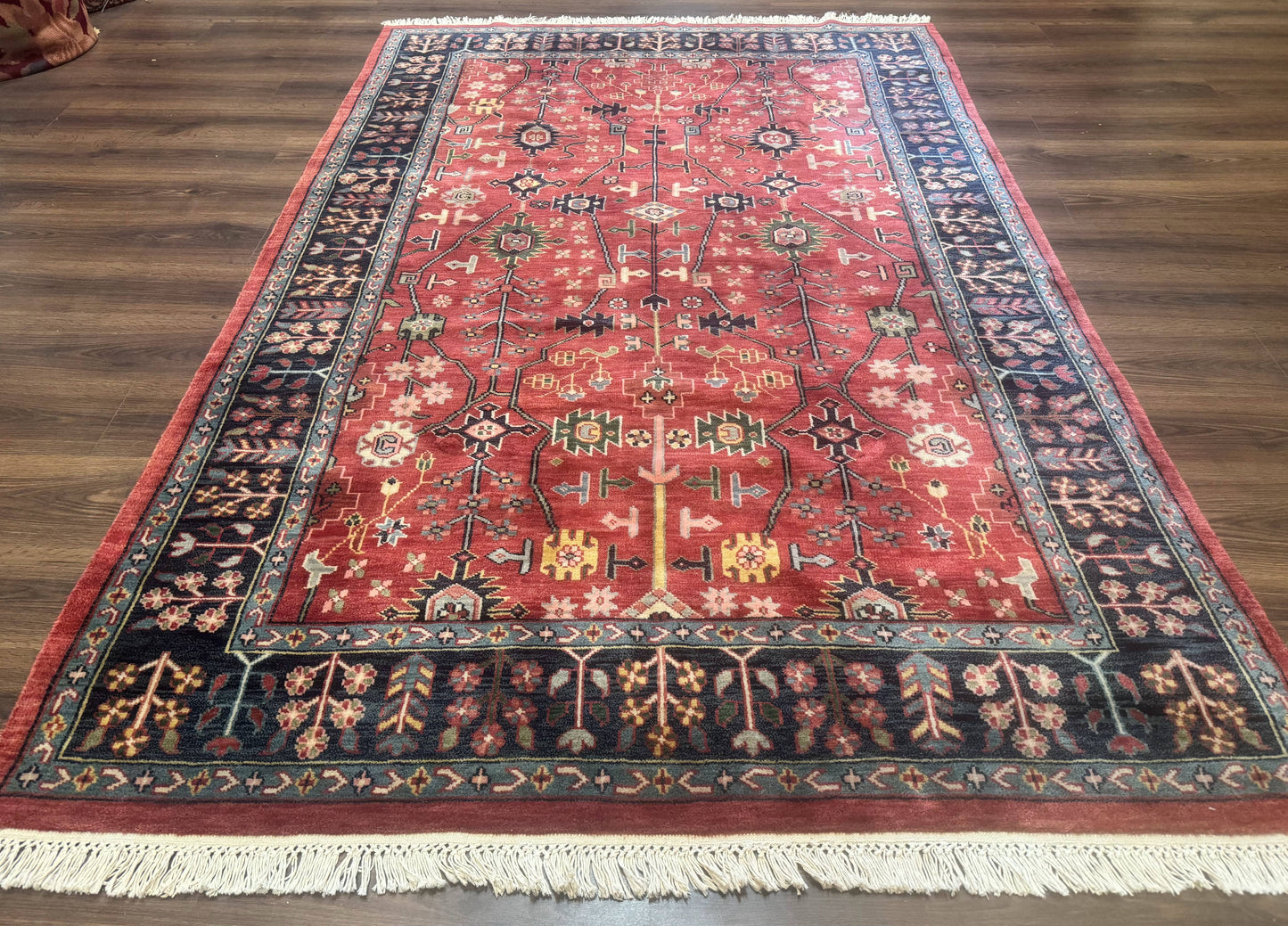 Indo Persian Heriz Serapi Rug 6x8, Rust Red and Navy Blue, Allover Pattern - Nuvé