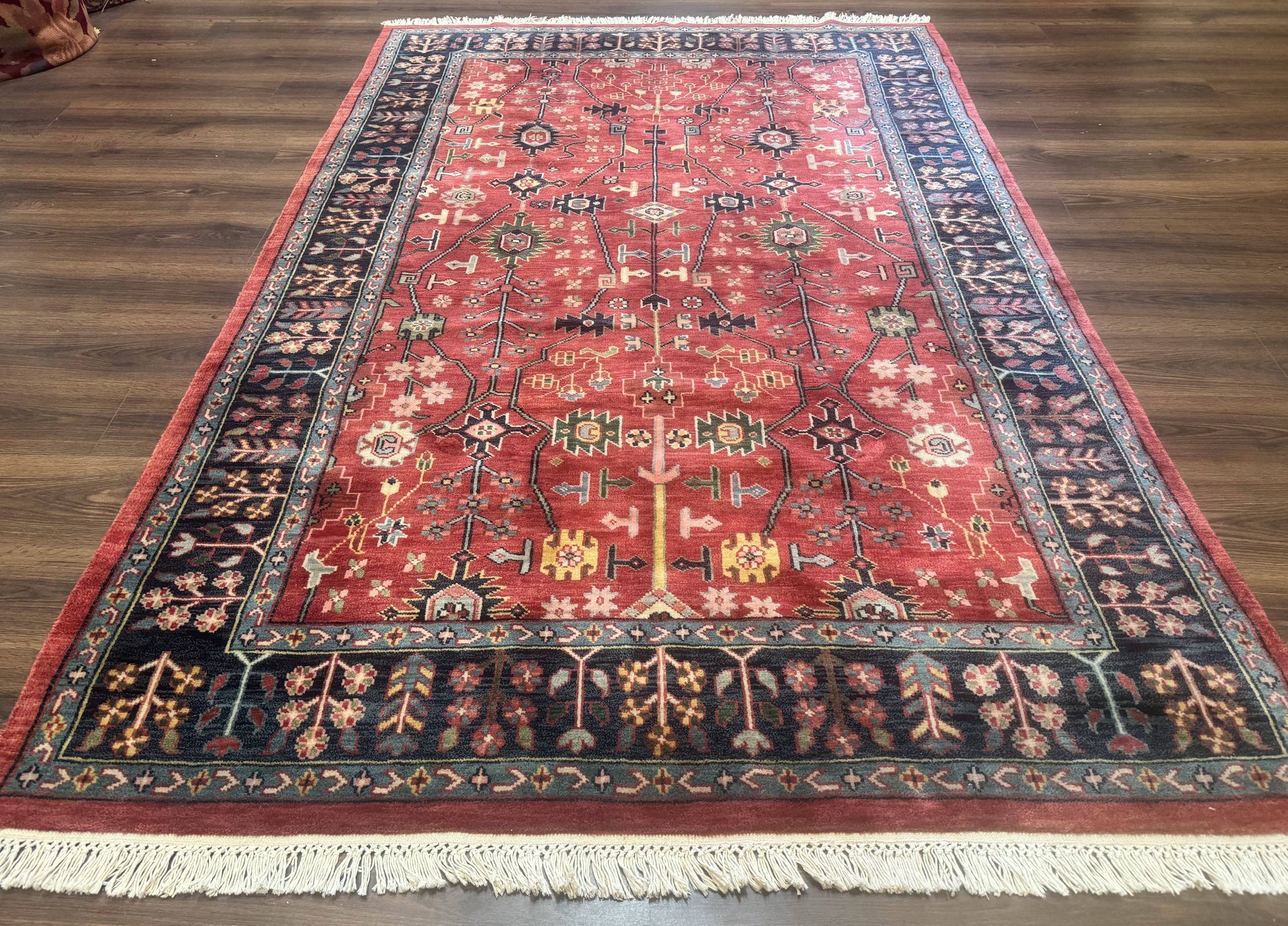 Indo Persian Heriz Serapi Rug 6x8, Rust Red and Navy Blue, Allover Pattern - Nuvé