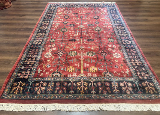 Indo Persian Heriz Serapi Rug 6x8, Rust Red and Navy Blue, Allover Pattern - Nuvé