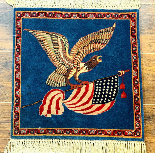 Pictorial Rug of American Flag with Bald Eagle, Small Indo Persian Pictorial Rug, Blue, Handmade, Very Fine 330 KPSI - Nuvé