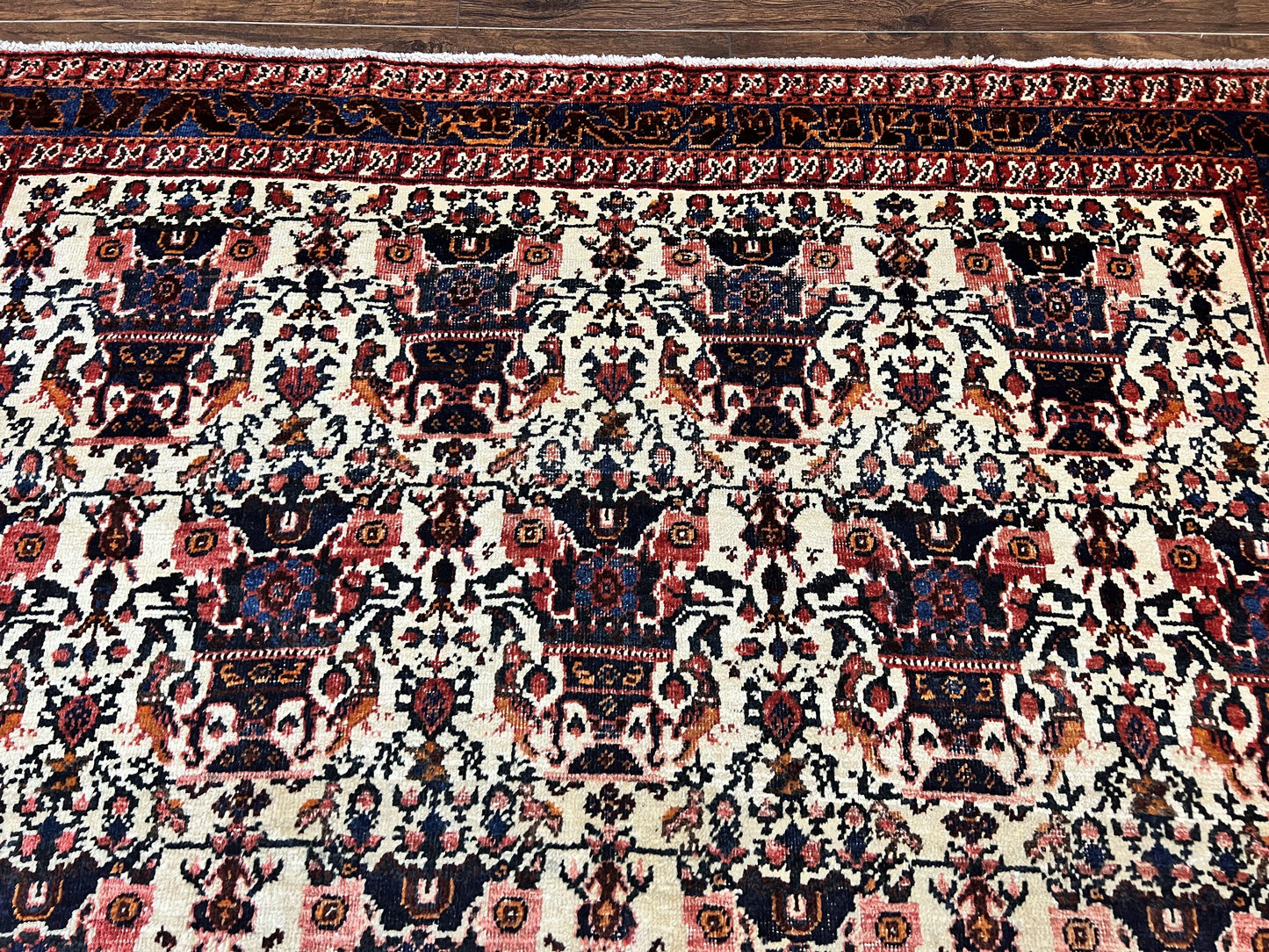 Persian Afshar Rug 6x8, Wool Hand Knotted Semi Antique Vintage Carpet, Floral Allover, Repeated Birds Flowers Vases Motifs - Nuvé
