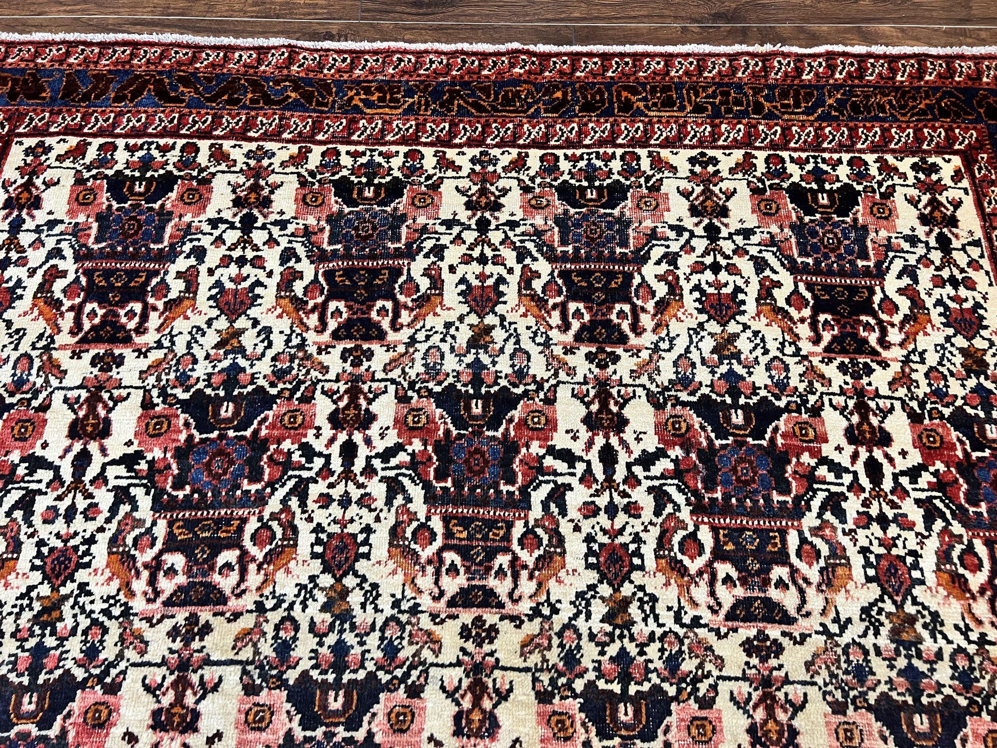 Persian Afshar Rug 6x8, Wool Hand Knotted Semi Antique Vintage Carpet, Floral Allover, Repeated Birds Flowers Vases Motifs - Nuvé