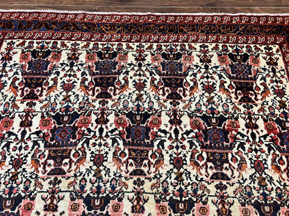 Persian Afshar Rug 6x8, Wool Hand Knotted Semi Antique Vintage Carpet, Floral Allover, Repeated Birds Flowers Vases Motifs - Nuvé