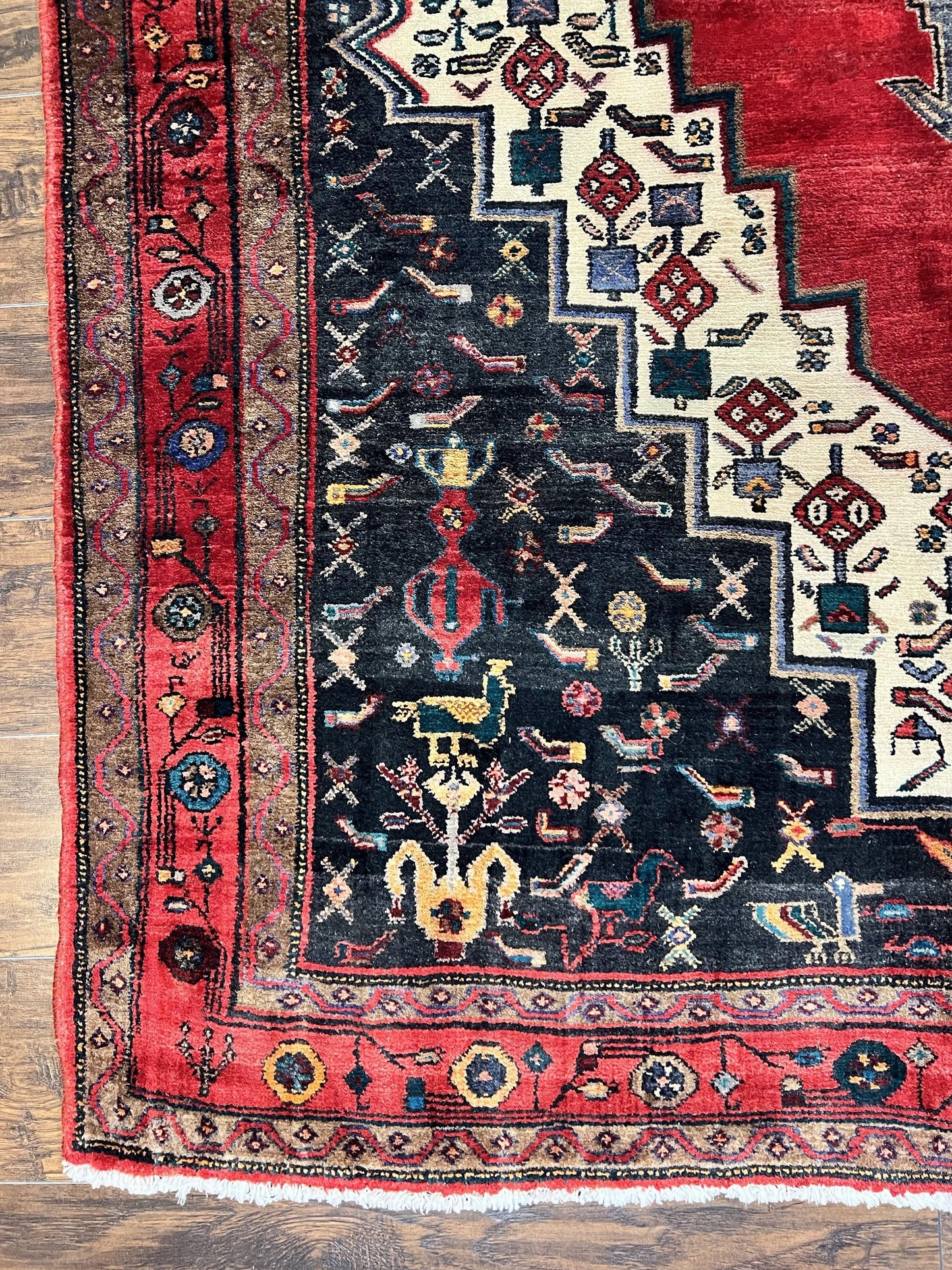 Persian Rug 5x12 ft, Red Cream Navy Blue, Pictorials, Hand Knotted Handmade Wide Runner Tribal Bidjar Semi Antique Wool Geometric Oriental Rug - Nuvé
