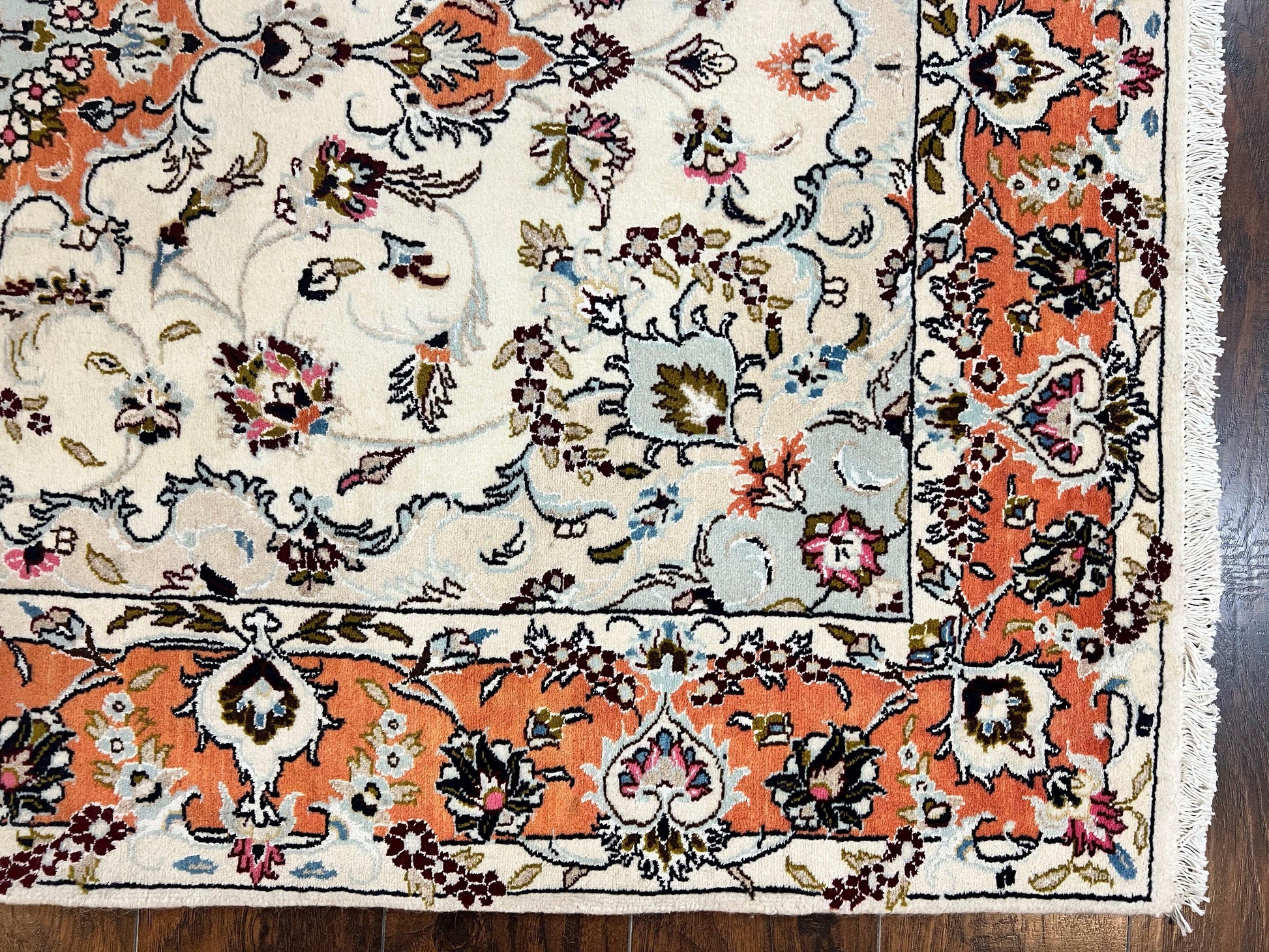 Persian Tabriz Rug 4.5  x 6.8, Finely Hand Knotted Wool with Silk Highlights Vintage Oriental Carpet, Cream and Salmon, High KPSI, Floral Medallion - Nuvé