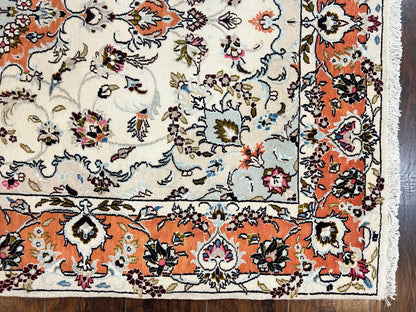 Persian Tabriz Rug 4.5  x 6.8, Finely Hand Knotted Wool with Silk Highlights Vintage Oriental Carpet, Cream and Salmon, High KPSI, Floral Medallion - Nuvé