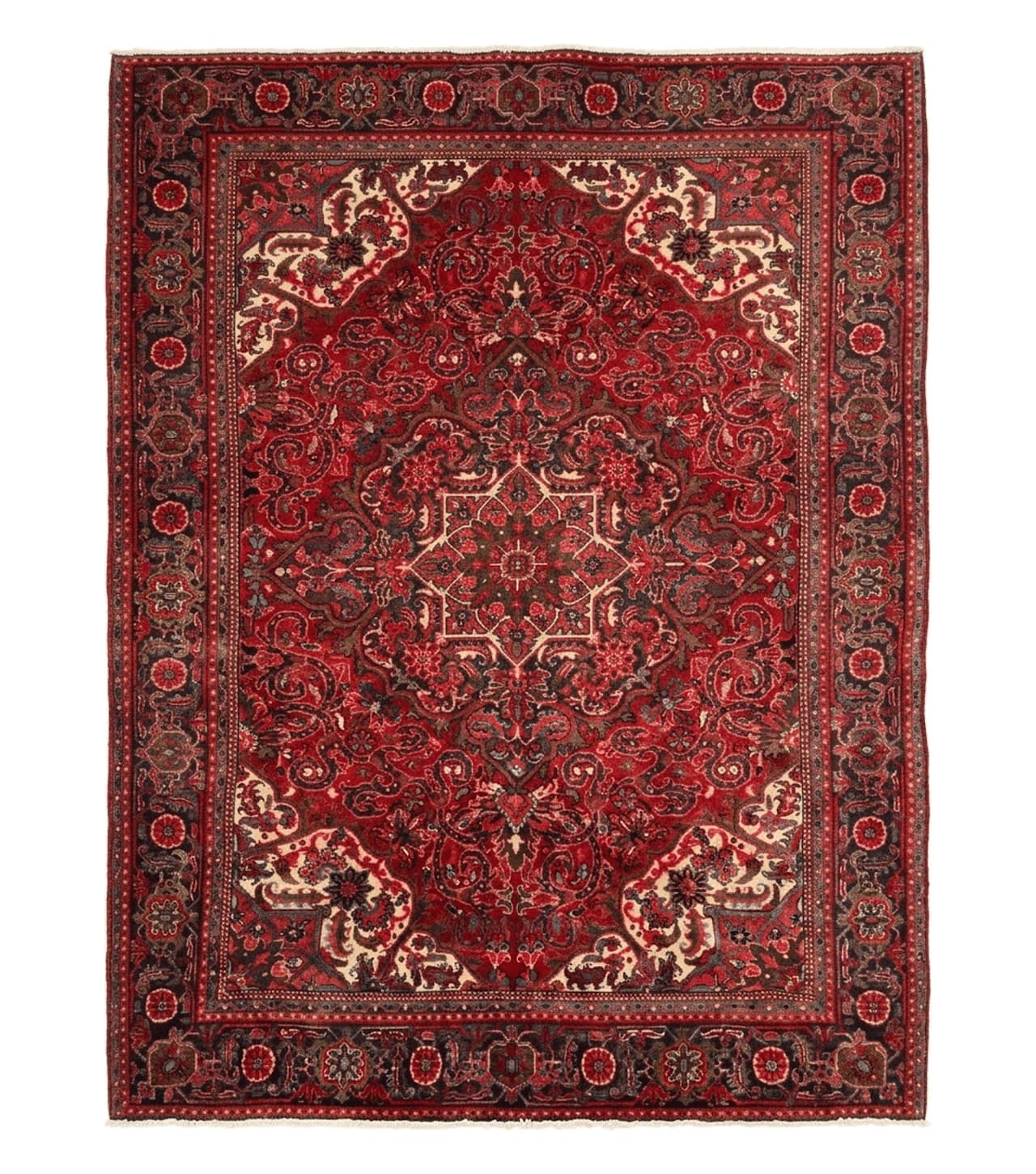 Persian Heriz Rug 7x10, Red and Navy, Geometric Medallion, Vintage Wool Carpet