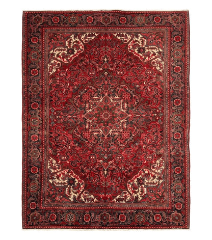 Persian Heriz Rug 7x10, Red and Navy, Geometric Medallion, Vintage Wool Carpet