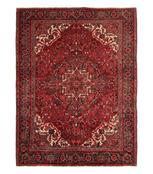 Persian Heriz Rug 7x10, Red and Navy, Geometric Medallion, Vintage Wool Carpet