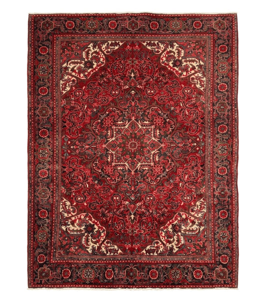 Persian Heriz Rug 7x10, Red and Navy, Geometric Medallion, Vintage Wool Carpet