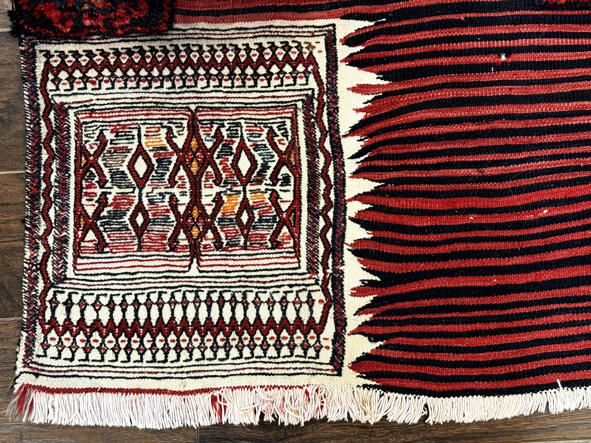 Persian Tribal Nomadic Saddle Cover Rug, Antique, Handmade, Wool, Red Ivory Black, Collectible, Shashavan - Nuvé