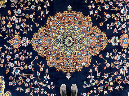 Indo Persian Rug 12x15, Mahal Sarouk Rug 12 x 15, Wool Hand Knotted Vintage Carpet, Navy Blue, Oversized Rug, Center Medallion - Nuvé