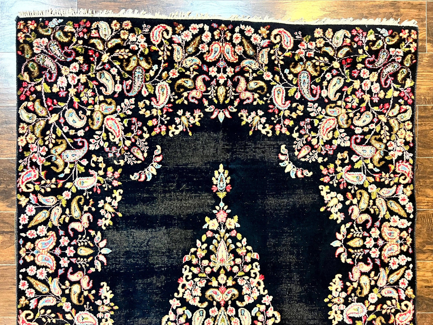 Antique Persian Kirman Rug 5x8, Floral Kirman, Midnight Blue/Black, Semi Open Field, Handmade Vintage Wool Carpet - Nuvé