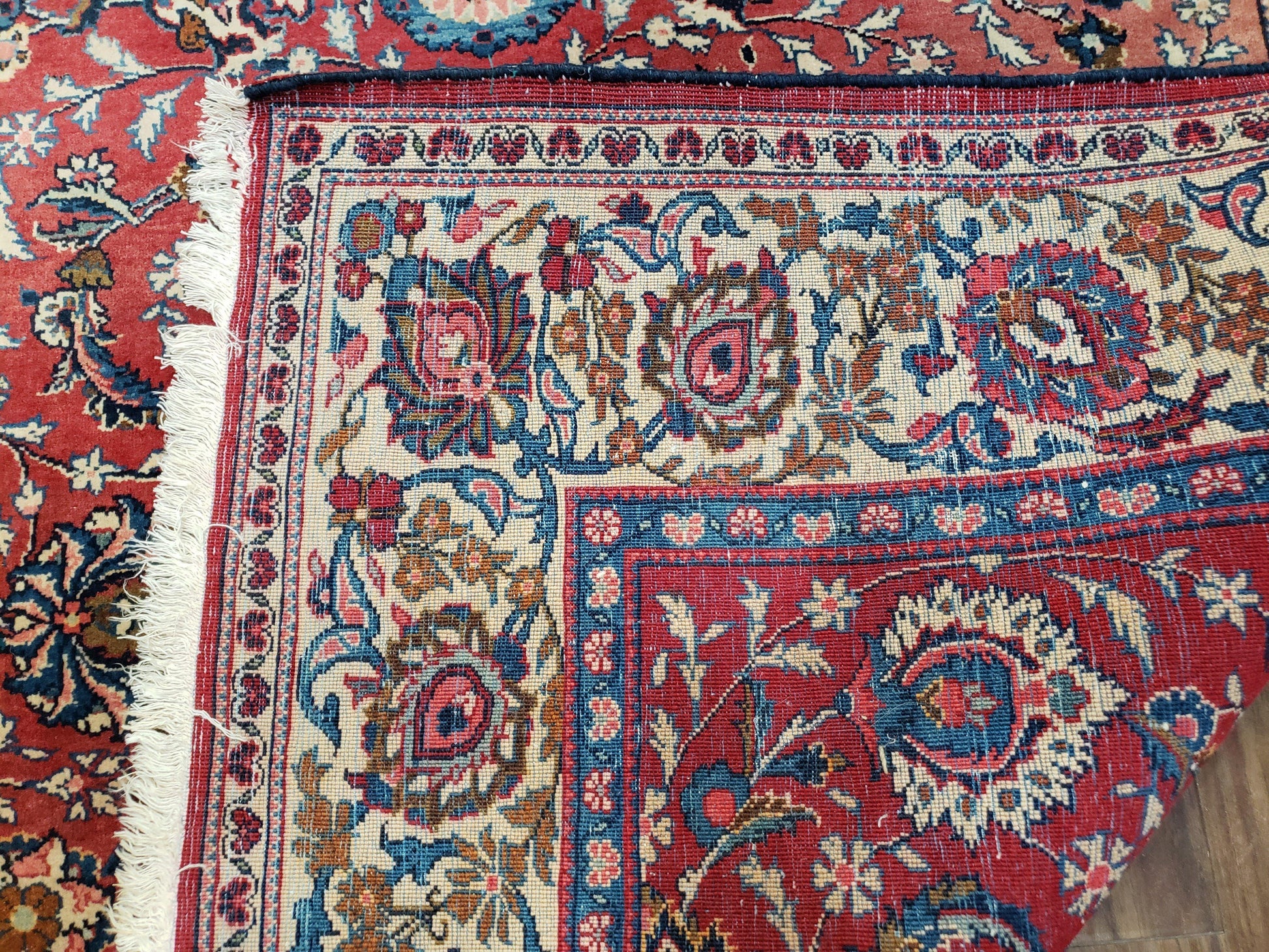 Semi Antique Persian Kashan Rug, Red & Beige, Hand-Knotted, Wool, 4'7" x 6' 6", Pair B - Nuvé