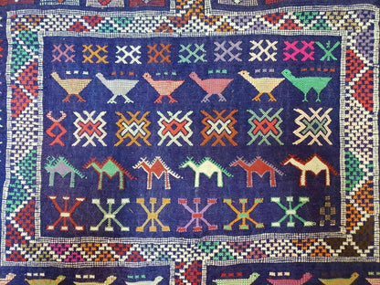 3' X 7' Vintage Handmade Indian Wool Kilim Flat weave Rug Camel Birds Blue Geometric Short Runner - Nuvé