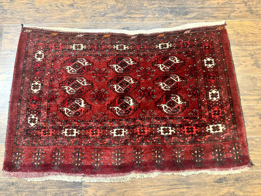 Antique Afghan Turkoman Mafrash Rug 3x5, Red, Hand Knotted, Wool, Tribal Collectible - Nuvé