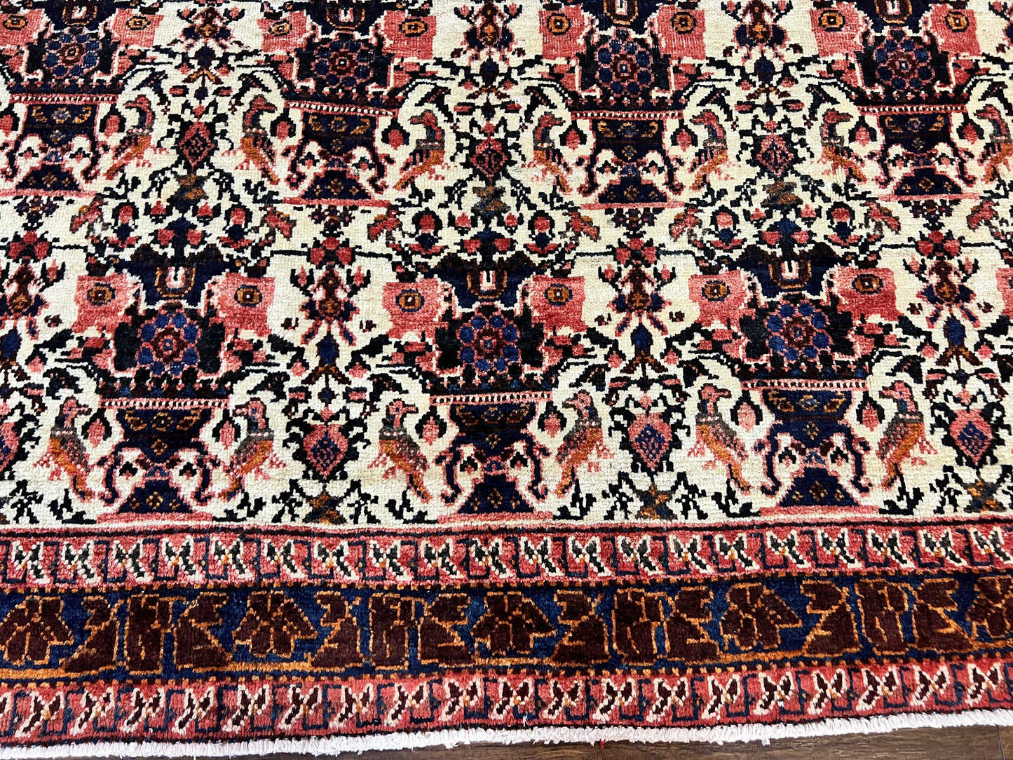Persian Afshar Rug 6x8, Wool Hand Knotted Semi Antique Vintage Carpet, Floral Allover, Repeated Birds Flowers Vases Motifs - Nuvé