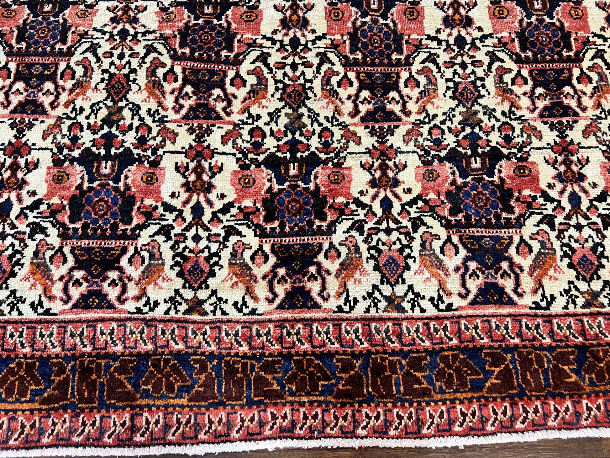 Persian Afshar Rug 6x8, Wool Hand Knotted Semi Antique Vintage Carpet, Floral Allover, Repeated Birds Flowers Vases Motifs - Nuvé