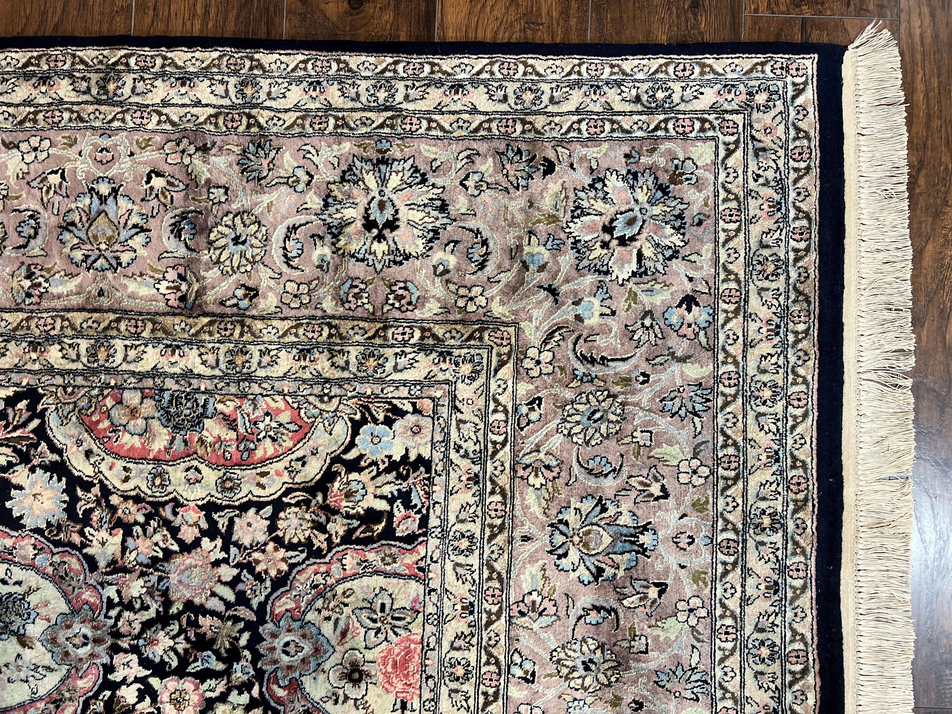 Sino Persian Rug 9x12, Navy Blue and Pink Hand Knotted Wool and Silk Highlights Vintage Oriental Carpet, Handmade Floral Area Rug 9 x 12 ft - Nuvé