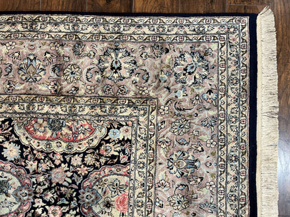Sino Persian Rug 9x12, Navy Blue and Pink Hand Knotted Wool and Silk Highlights Vintage Oriental Carpet, Handmade Floral Area Rug 9 x 12 ft - Nuvé
