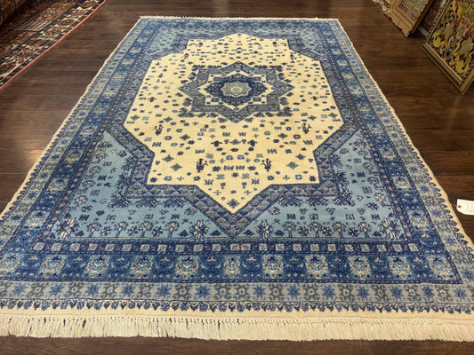 Moroccan Rug 7x10, Geometric Medallion, Blue and Ivory - Nuvé
