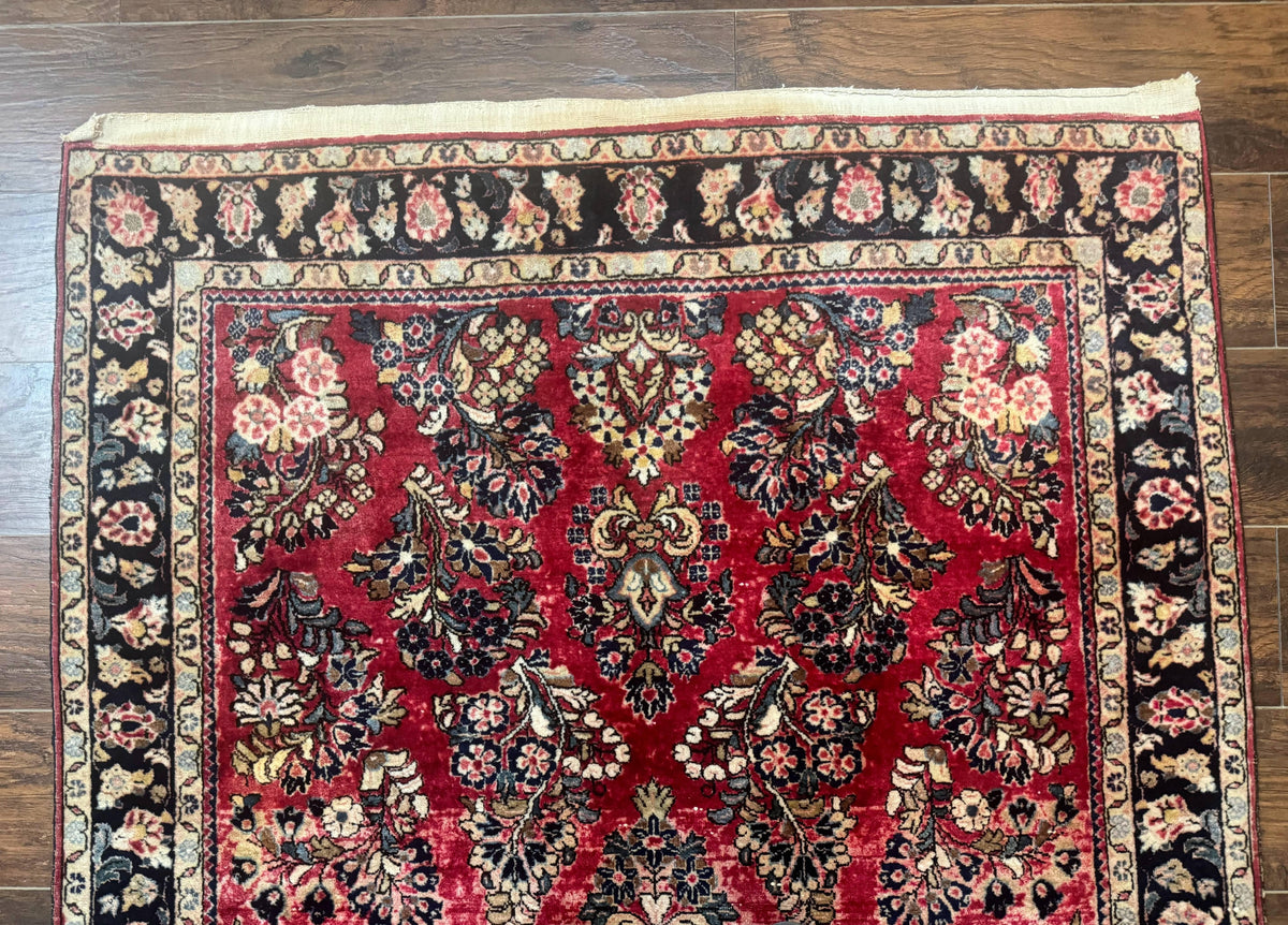 Antique Persian Sarouk Rug 4x7, Floral, Red 1920s Persian Wool Carpet