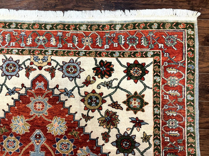Indo Persian Heriz Rug 7x9, Geometric Pattern, Cream & Light Red, Handmade Vintage Wool Carpet - Nuvé