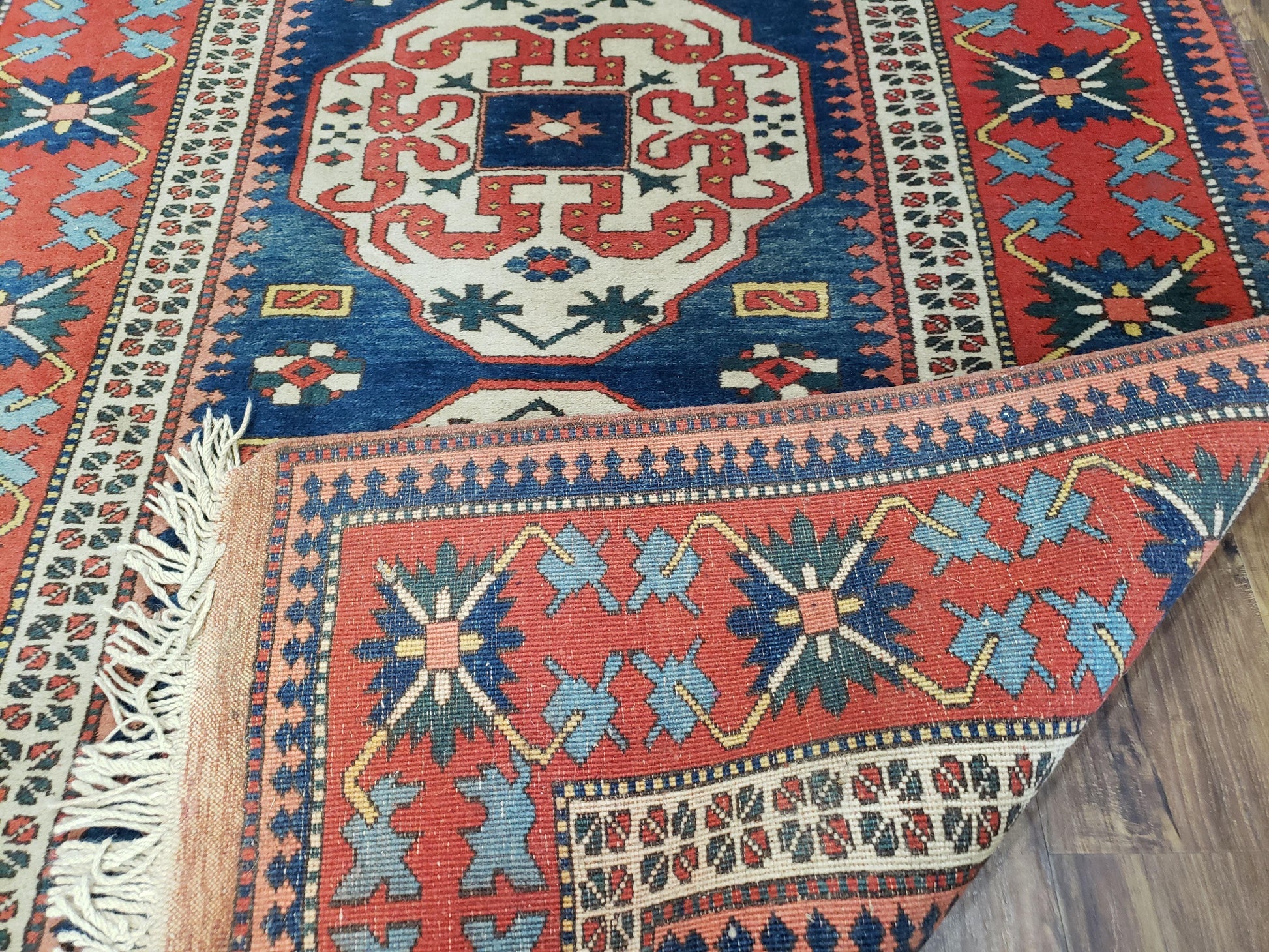 Turkish Kazak Rug 5x6 Vintage Handmade Wool Carpet Geometric Blue Red - Nuvé