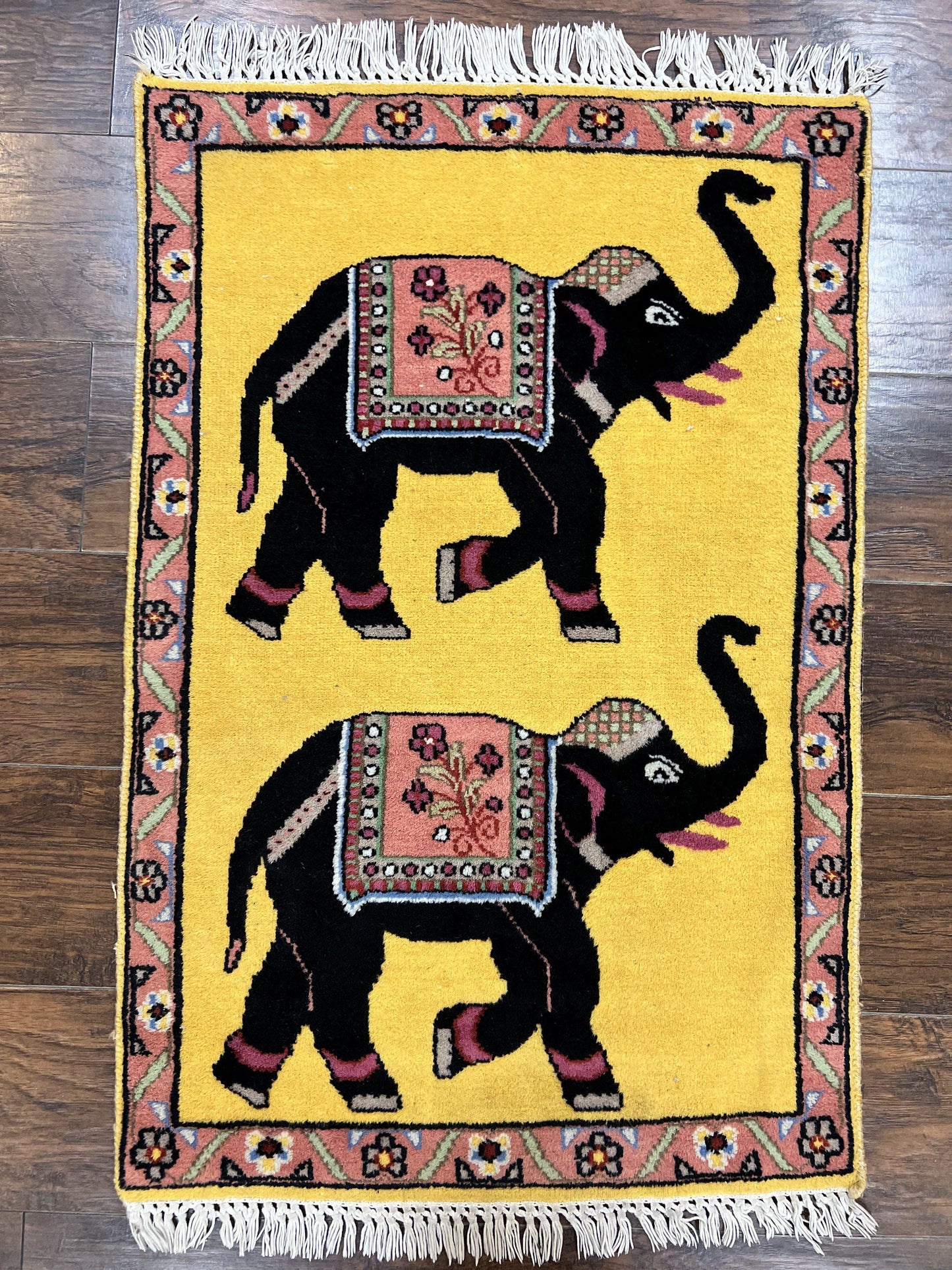Unique Indian Pictorial Rug 2x3, Small Wool Hand Knotted Oriental Carpet, Yellow, Two Elephants, Handmade - Nuvé