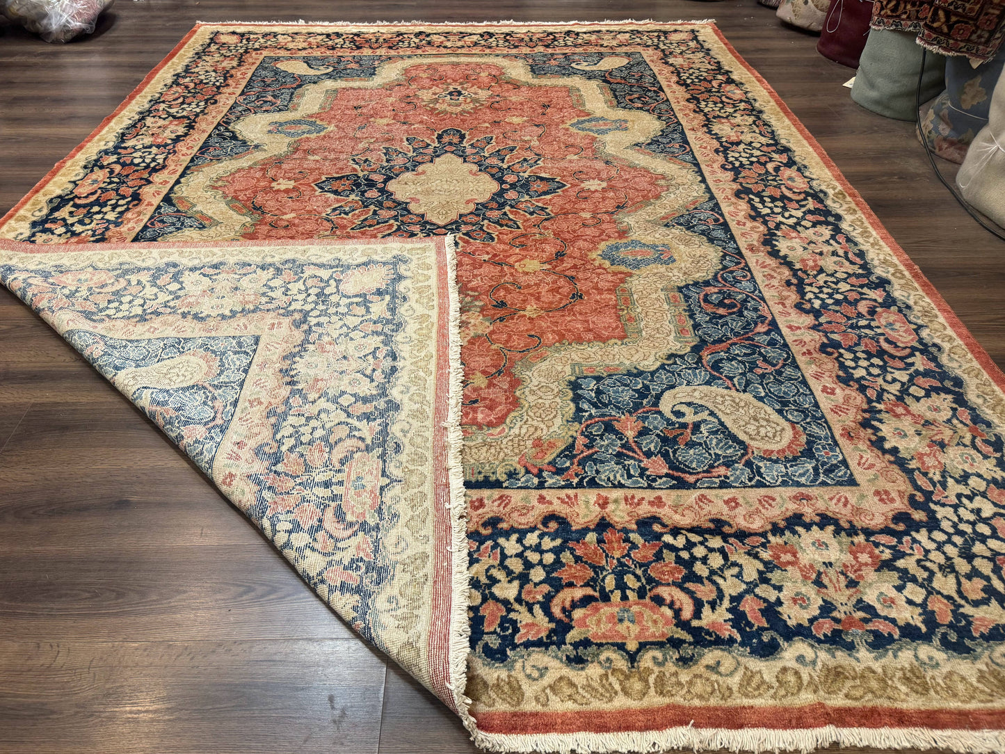 Antique Persian Sarouk Rug 9x12, Boteh Paisleys, Light Red Navy Blue - Nuvé