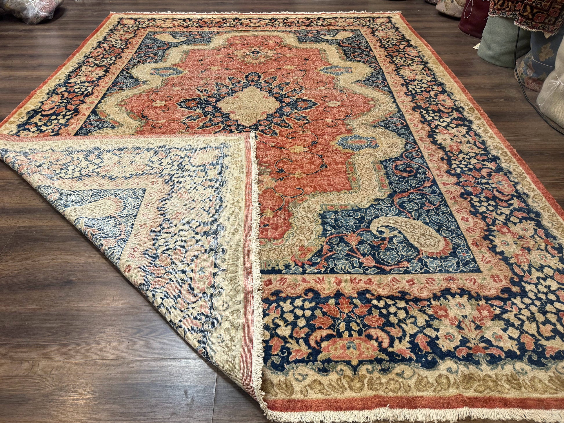 Antique Persian Sarouk Rug 9x12, Boteh Paisleys, Light Red Navy Blue - Nuvé