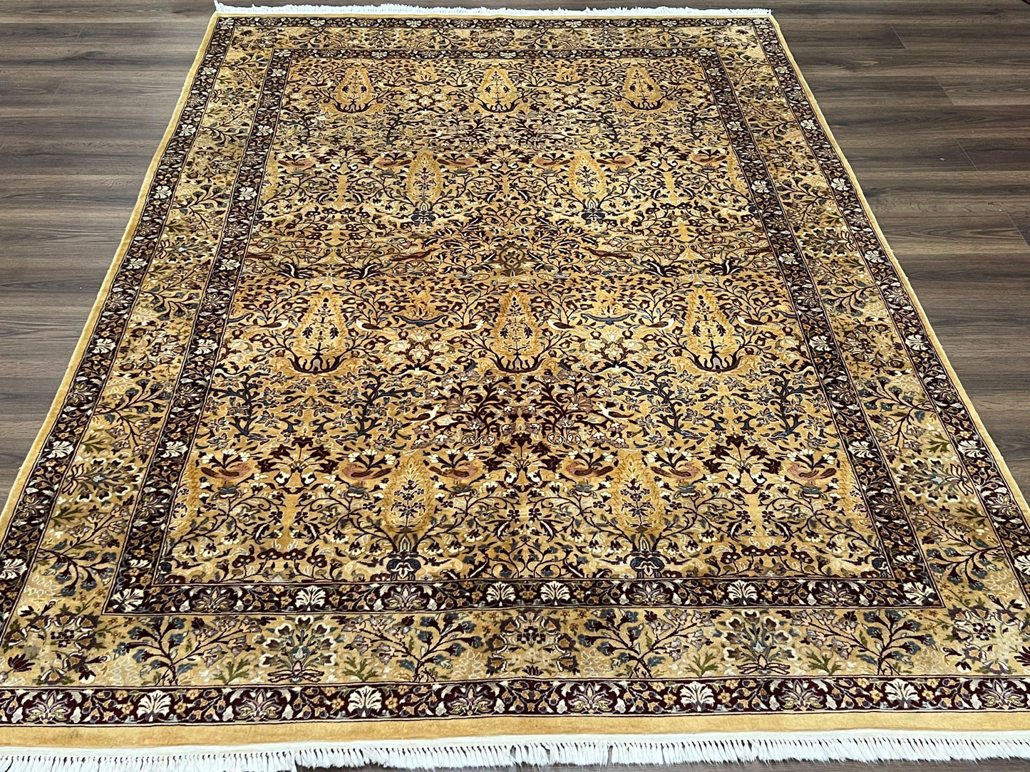 Pretty Indo Persian Rug 6x9, Allover Floral Motif with Birds, Tan/Cream, Very Fine Oriental Carpet, Hand Knotted Vintage Indian Wool Rug - Nuvé