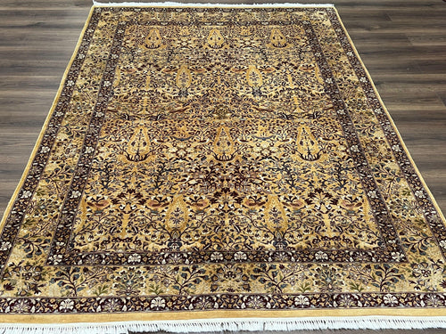 Pretty Indo Persian Rug 6x9, Allover Floral Motif with Birds, Tan/Cream, Very Fine Oriental Carpet, Hand Knotted Vintage Indian Wool Rug - Nuvé