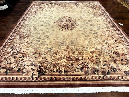 Aubusson Wool Rug 9x11, Wool with Silk Highlights, European Design, Vintage, Handmade, Floral, Fine 210 KPSI - Nuvé