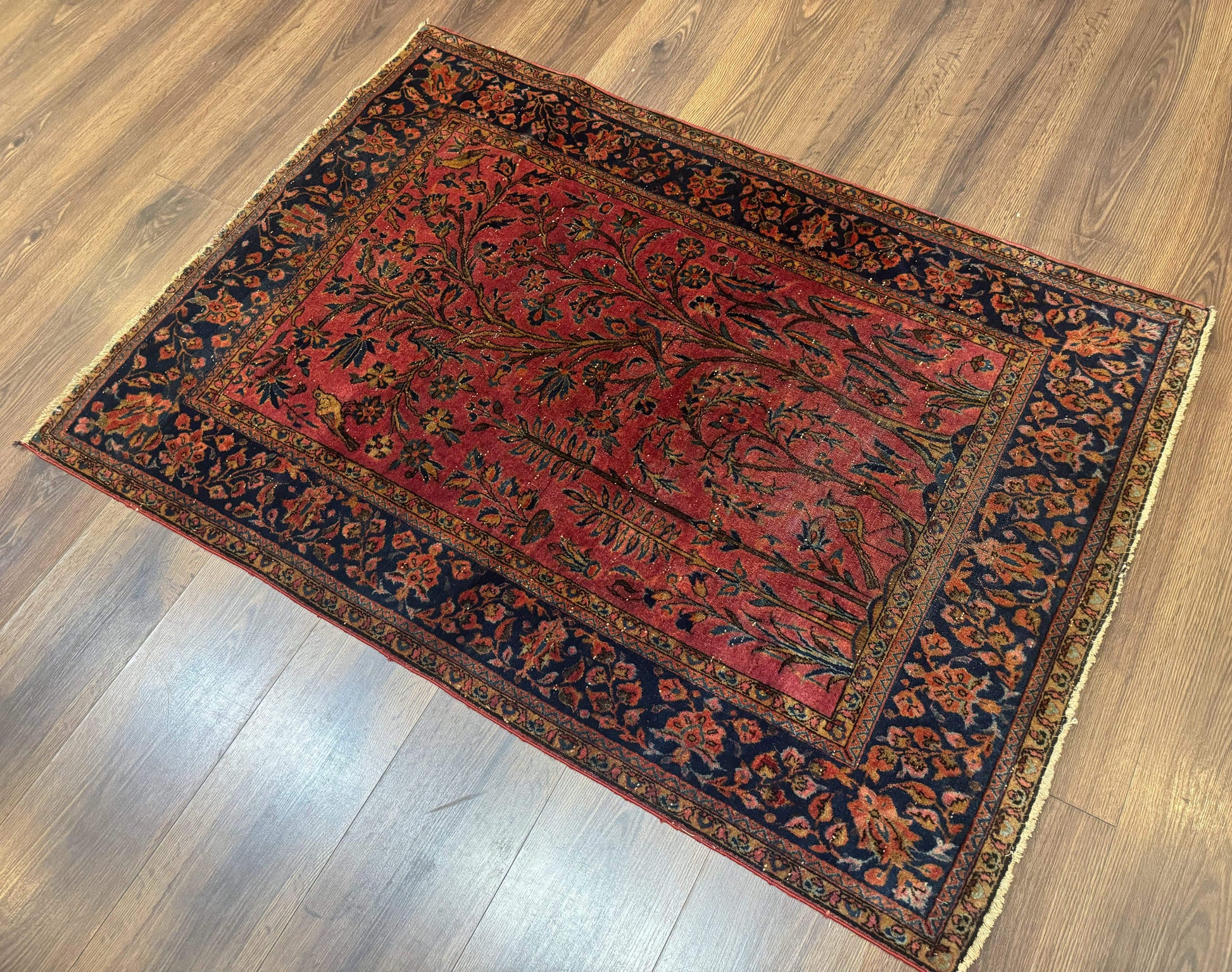 Antique Persian Tree of Life Rug 3x5, Manchester Wool, Bird Pictorials, Fine 240 KPSI, Red Navy Blue - Nuvé