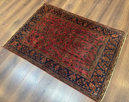 Antique Persian Tree of Life Rug 3x5, Manchester Wool, Bird Pictorials, Fine 240 KPSI, Red Navy Blue - Nuvé