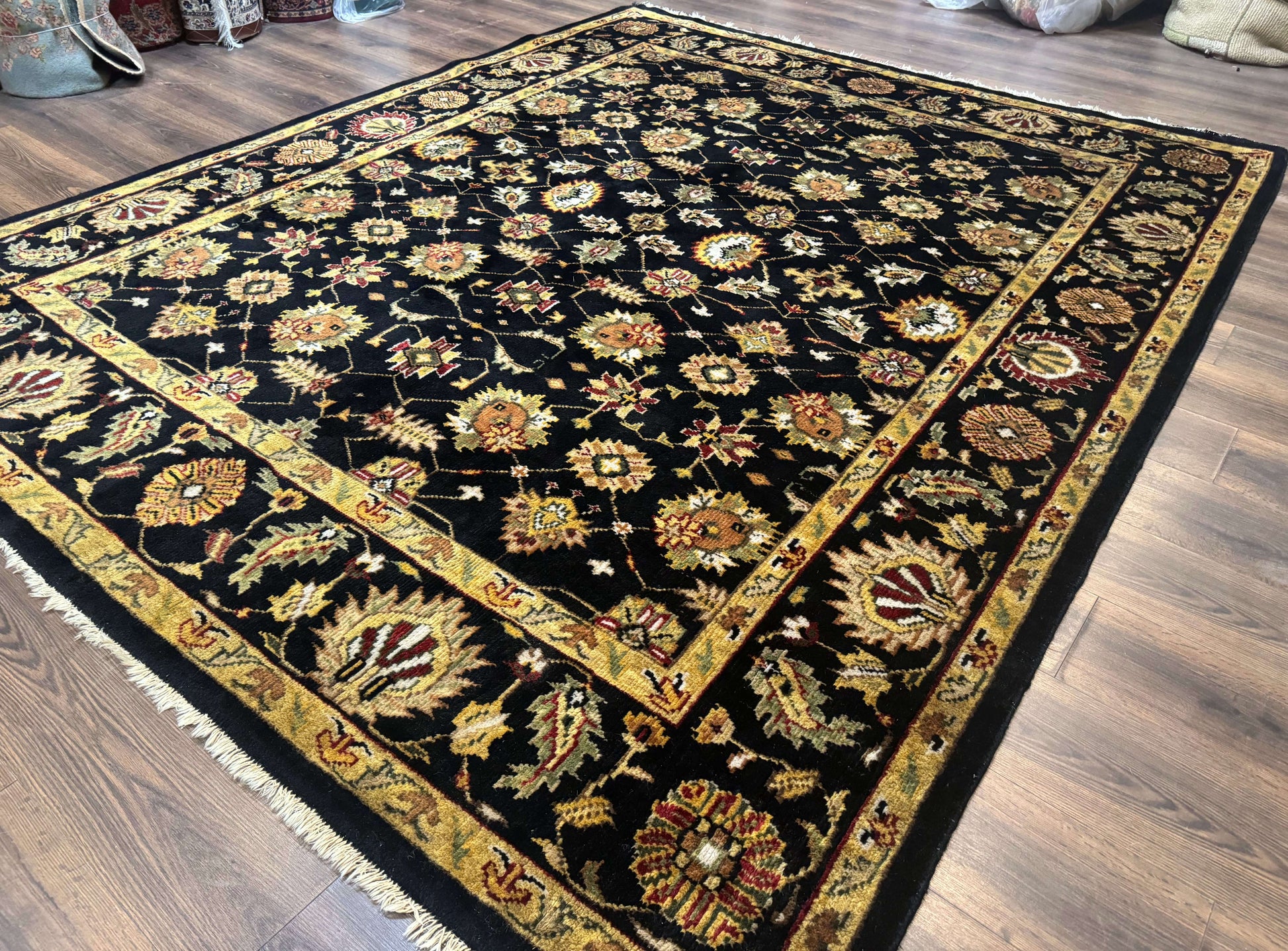 Indo Persian Mahal Rug 8x10, Black and Gold, Wool Hand Knotted Oriental Carpet - Nuvé