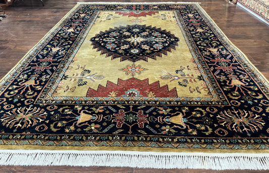 Indo Persian Heriz Rug 8x12, Camel Hair Tan and Navy Blue, Decorative - Nuvé