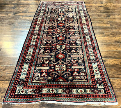 Persian Wide Runner Rug 4.8 x 10, Persian Kalegi Ardabil Rug, Perpedil Caucasian Rug, Antique Handmade Wool Carpet, Navy Blue Red, Tribal Rug