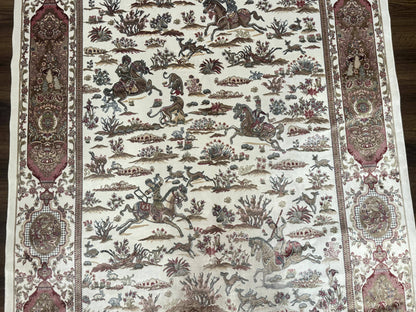 Turkish Silk Rug 5x8, Ivory, Hunting Design, Animal Pictorials, Bamboo Silk - Nuvé