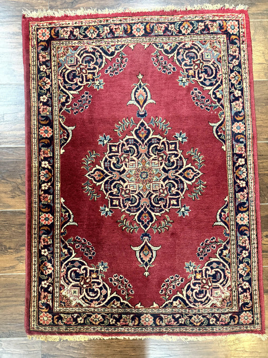 Small Persian Kashan Rug 2x3, Red and Navy Blue, Handmade Vintage Wool Semi Antique Persian Carpet, Semi Open Field, Pair B - Nuvé